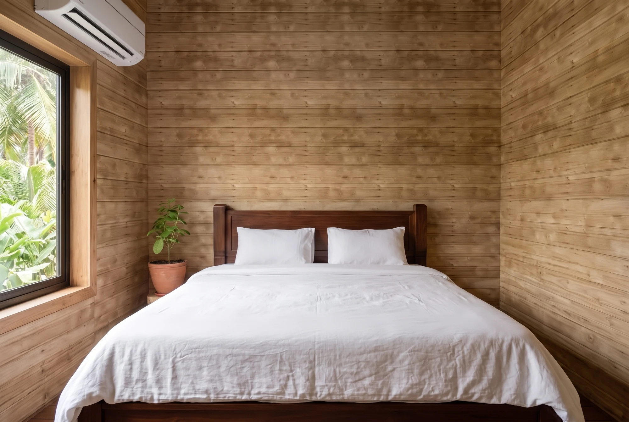 Timber-lined bedroom with a wooden bed, white bedding and daylight from the side window.