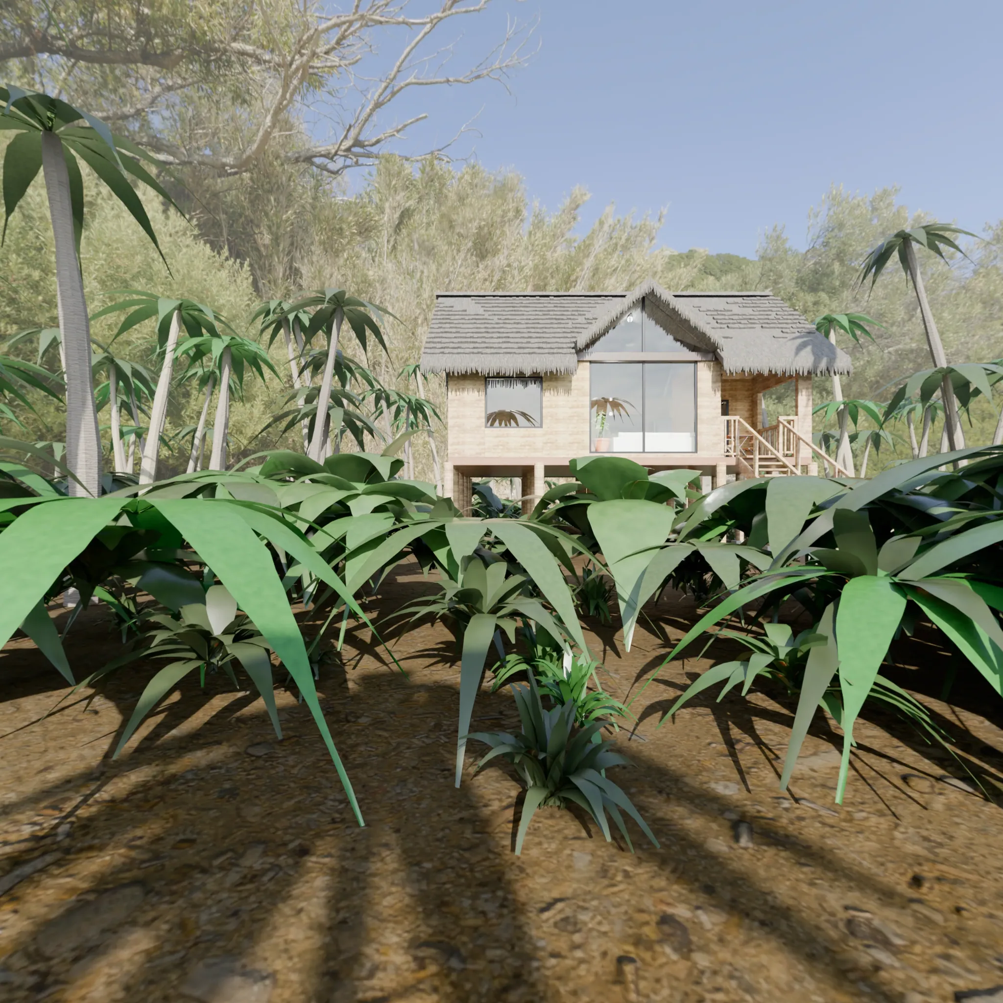 3D model view of the Casa Palmar exterior developed from the floor plan, showing the elevated house, thatched roof and front stairs.