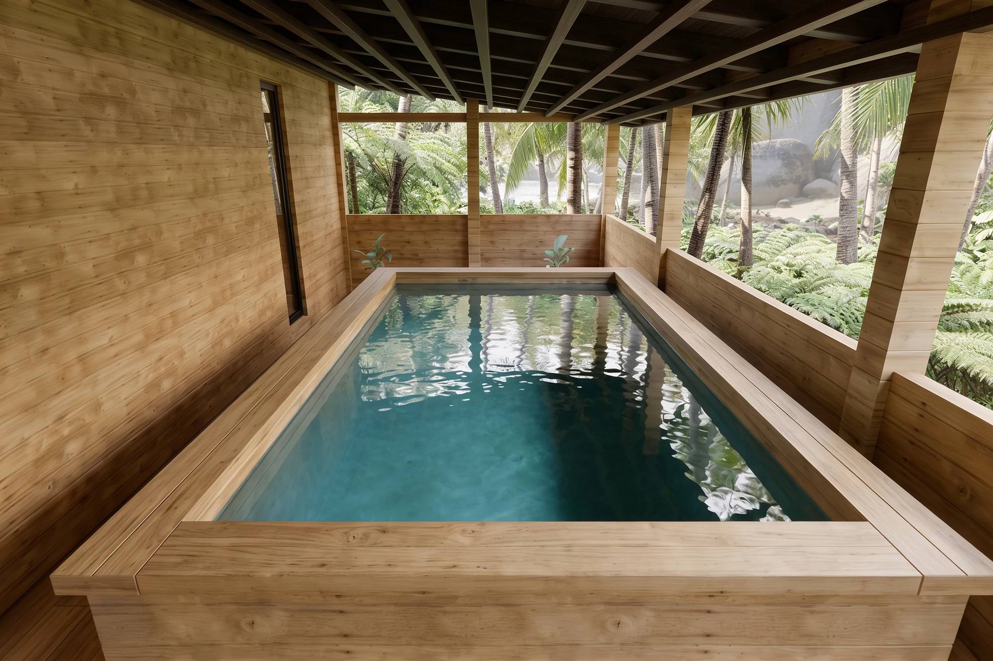 Raised rectangular plunge pool inside a covered timber terrace, with tropical planting beyond the open sides.
