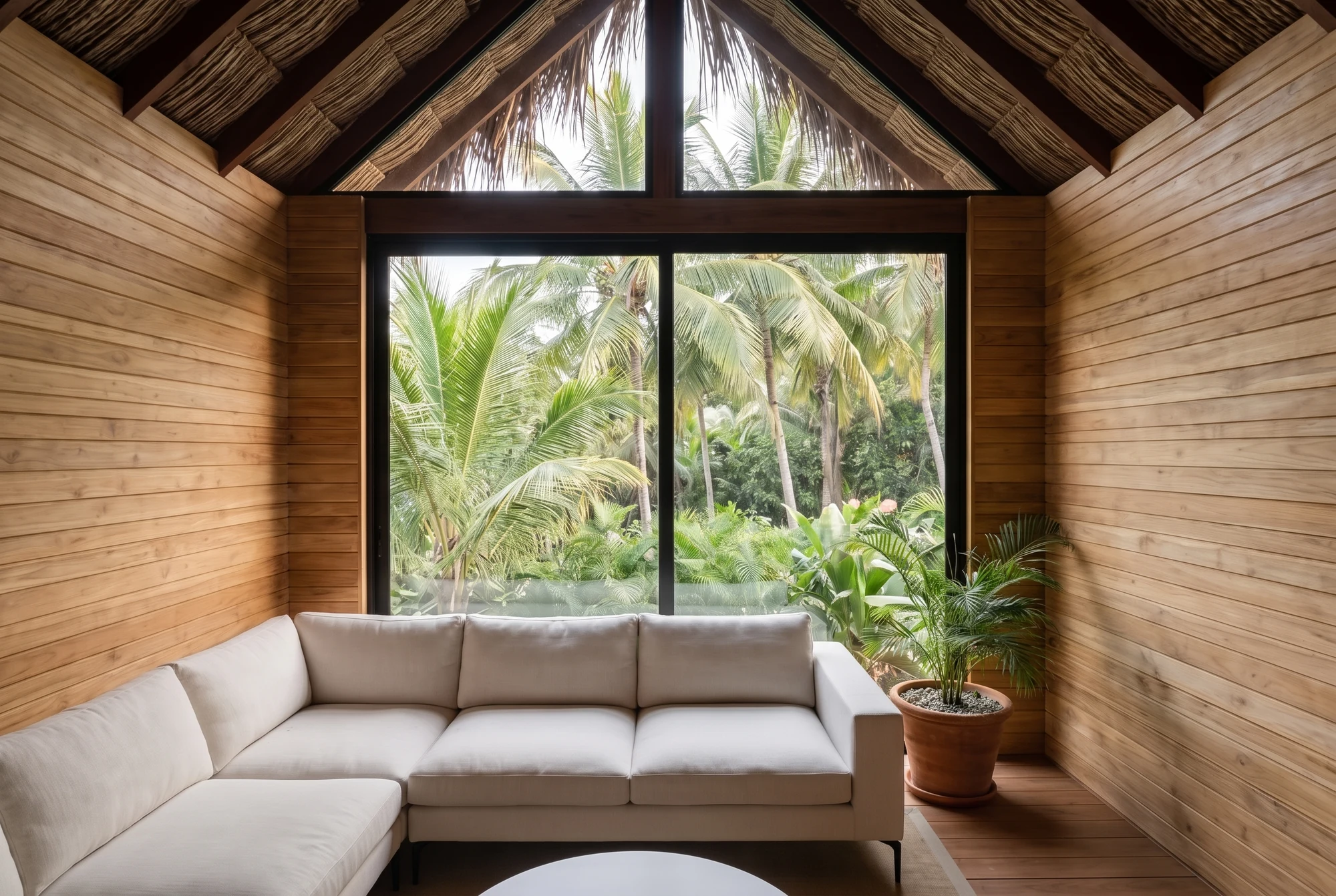 Pale corner sofa beneath a timber roof, with a large garden-facing window and one potted plant.