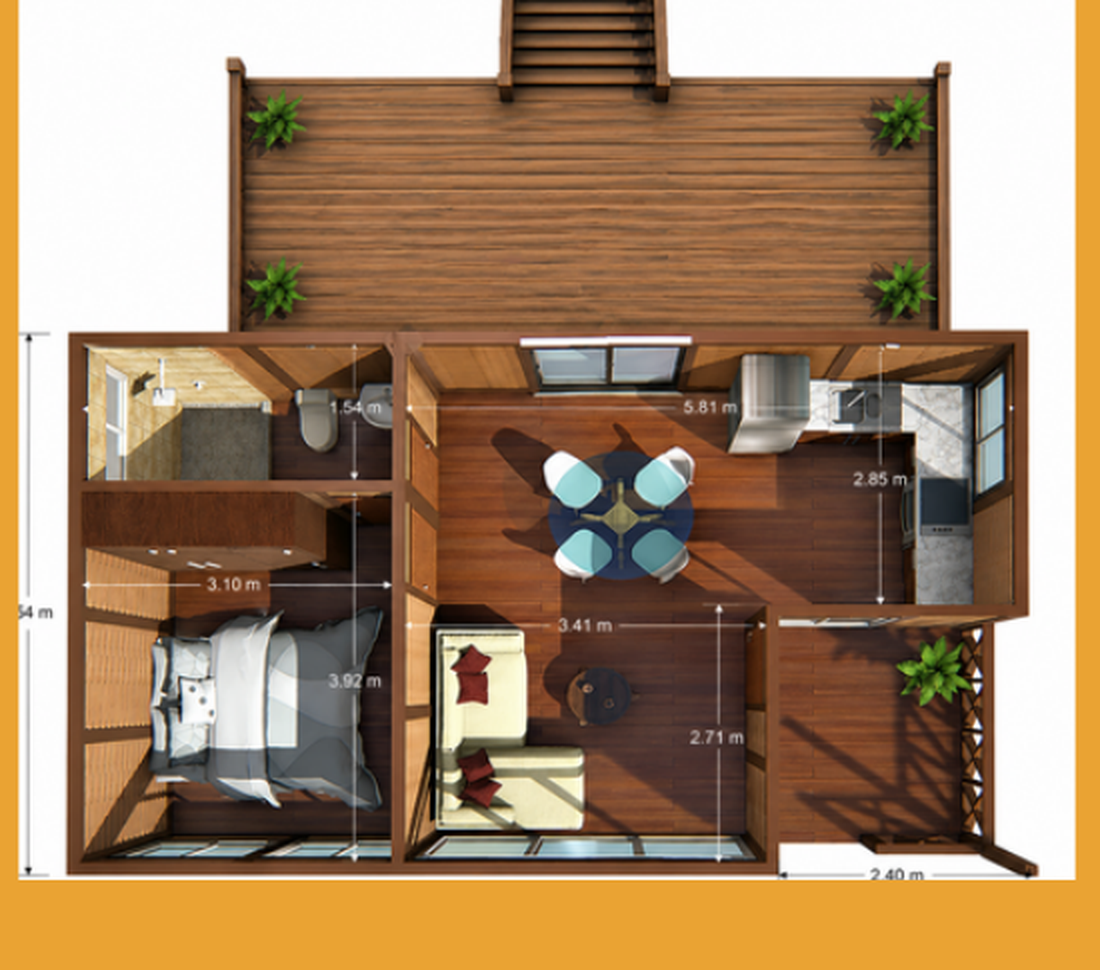 Original supplied floor plan of Casa Palmar: a wide rear deck with central stairs along the top, bathroom top left, bedroom lower left, open kitchen and dining upper right, living area lower middle and a small entry lower right.
