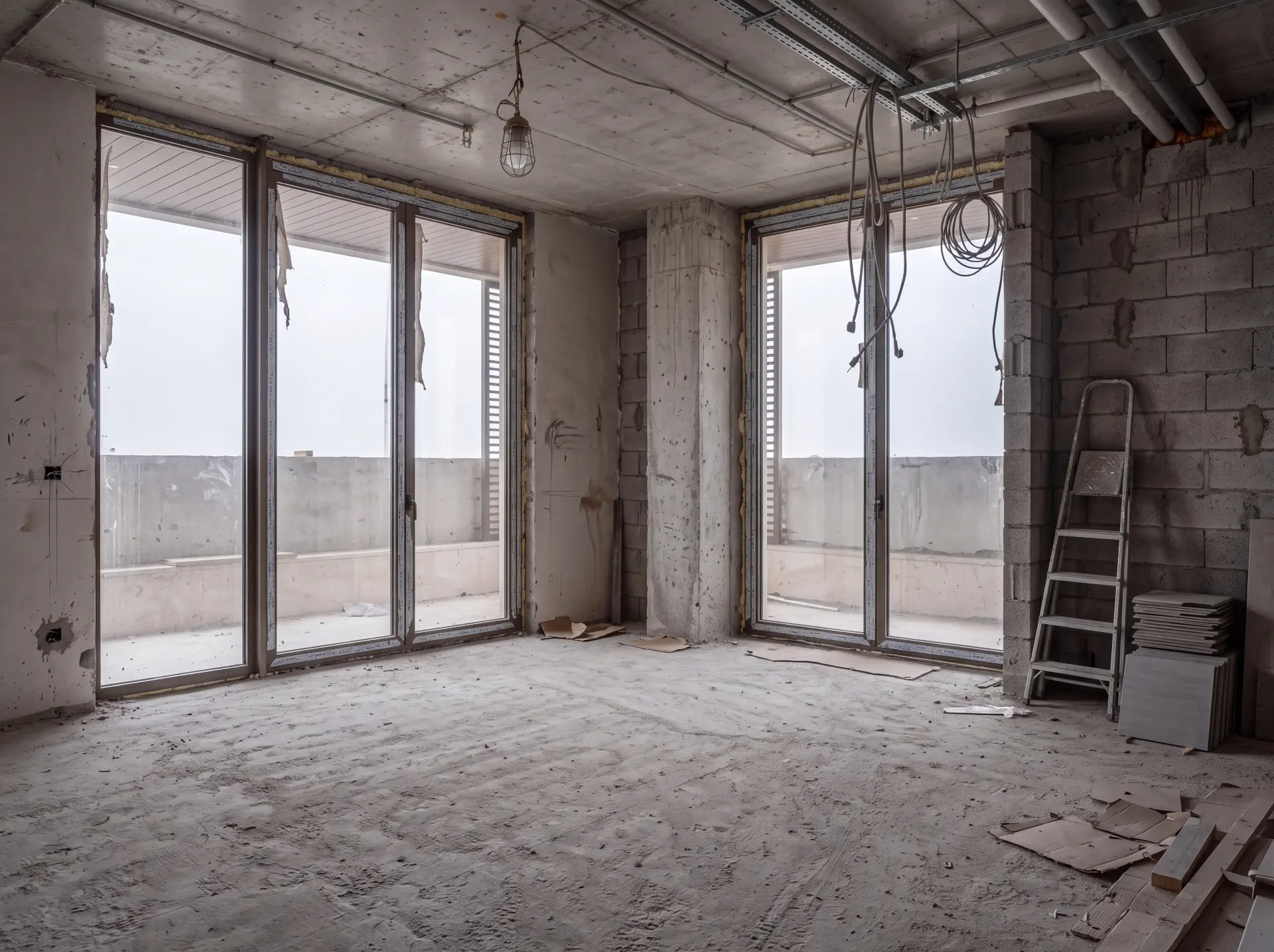 Unfinished concrete-shell apartment interior