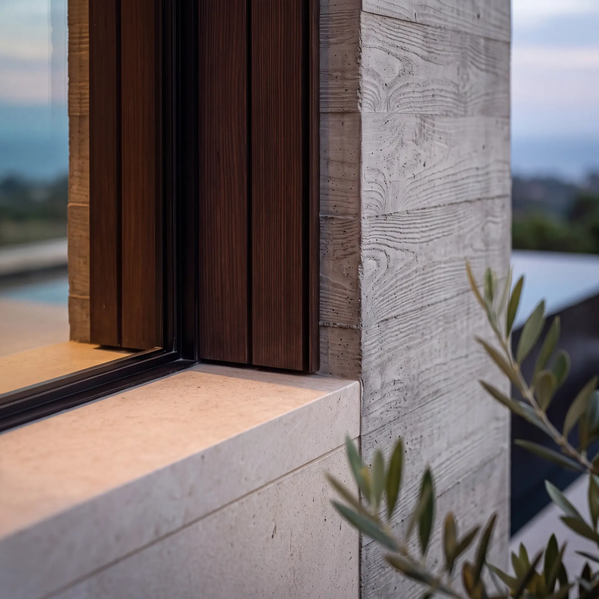 Macro detail of board-formed concrete, dark timber slats and a stone sill
