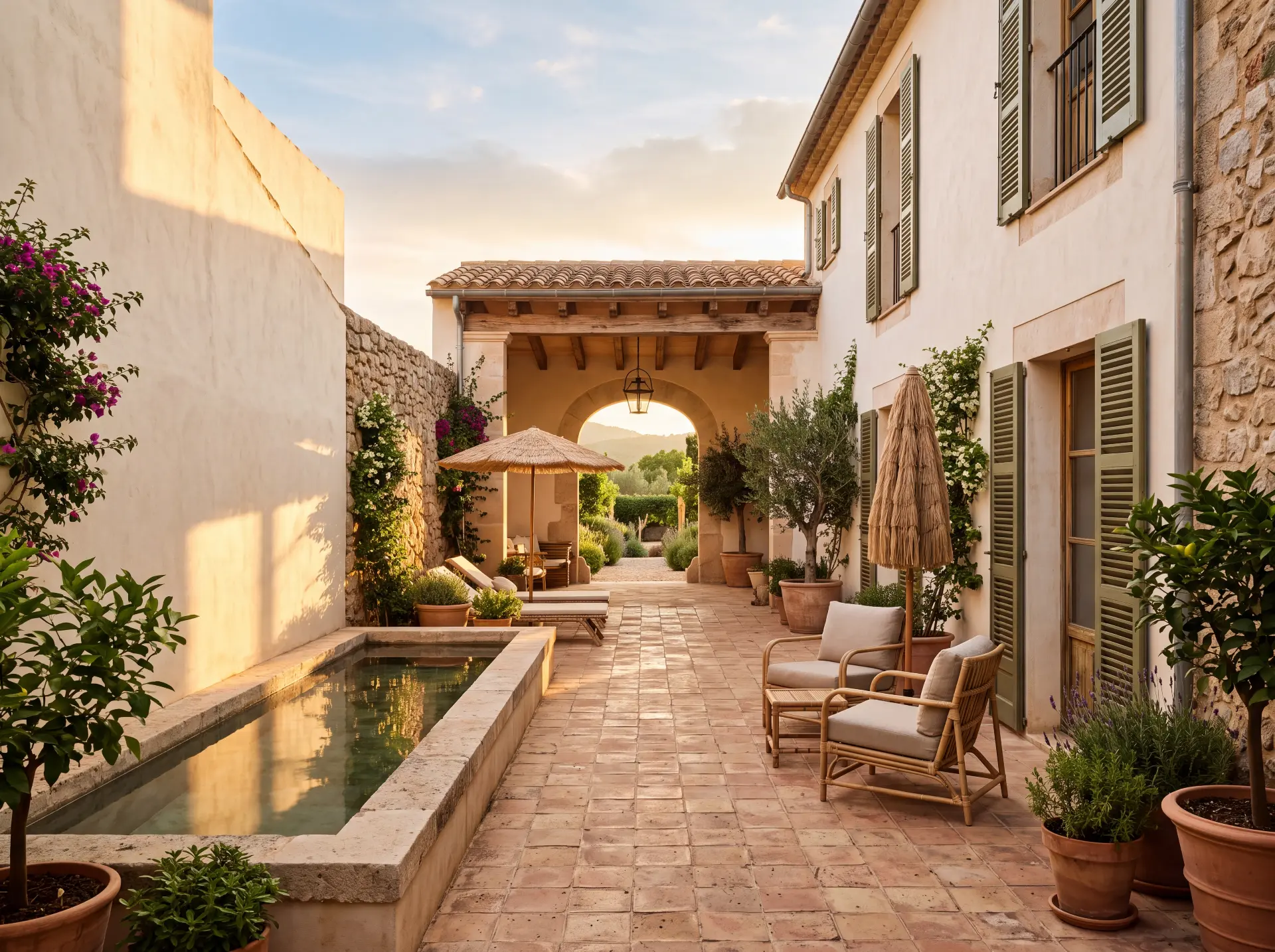 The same finca courtyard directed at golden hour with long editorial shadows