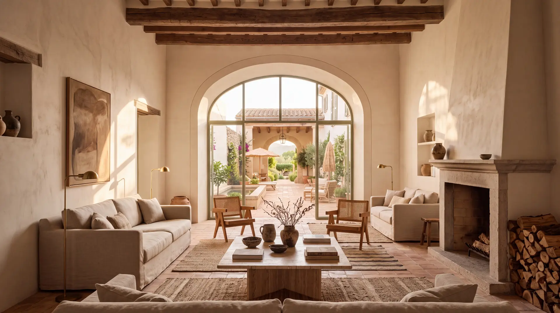Lounge of the finca hotel with beamed ceiling, arched glazing and courtyard beyond